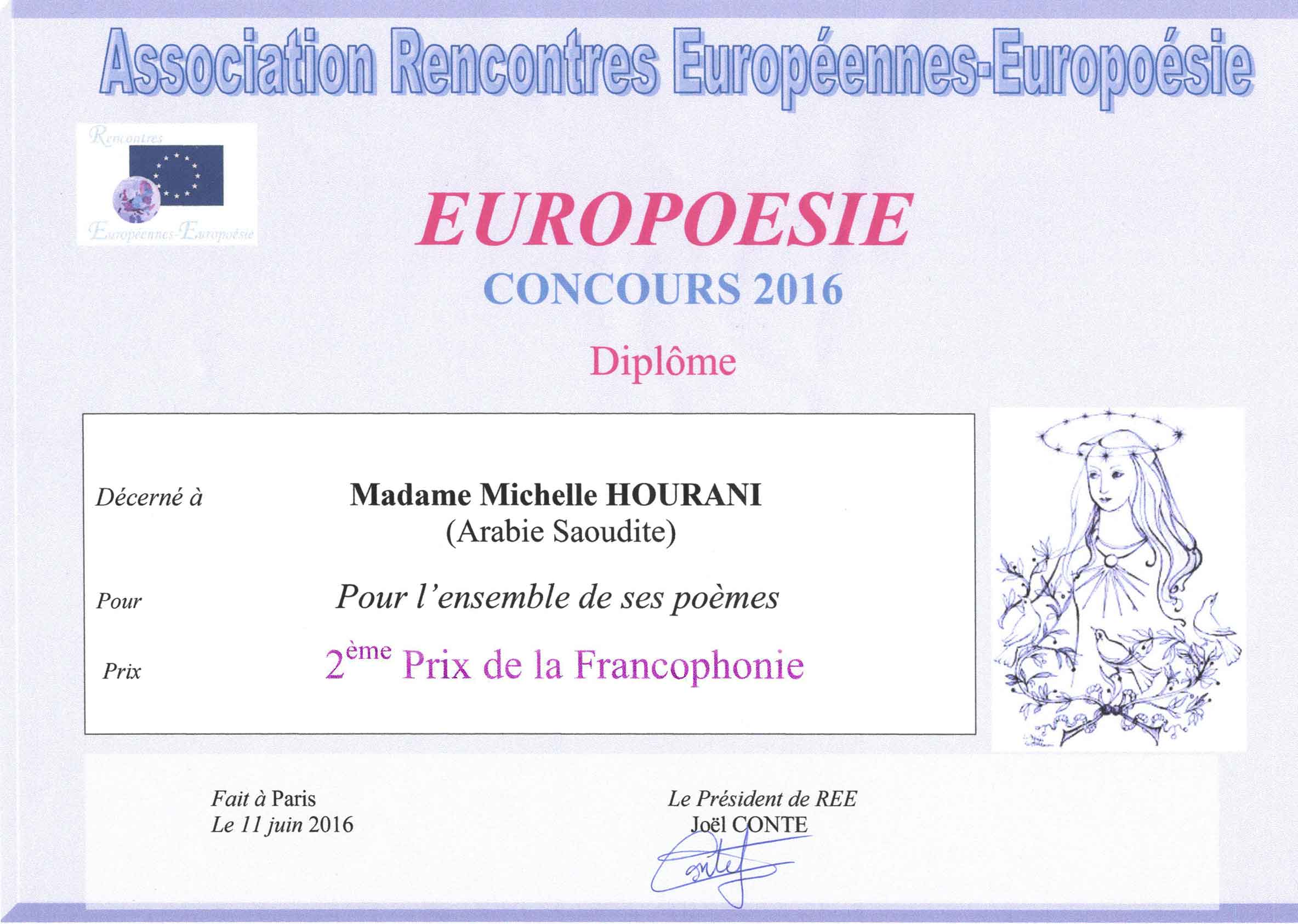 concours Europoésie 2016 - 2ème prix de la francophonie poésie par Michelle Hourani