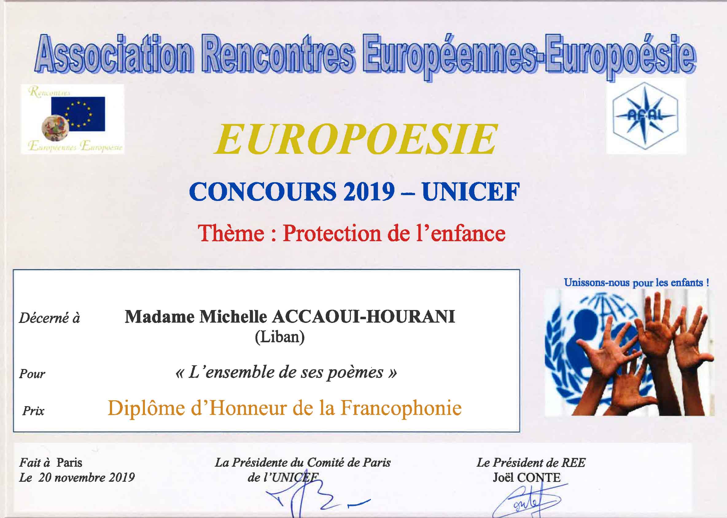 concours 2019 EUROPOESIE diplôme d'honneur de la francophonie